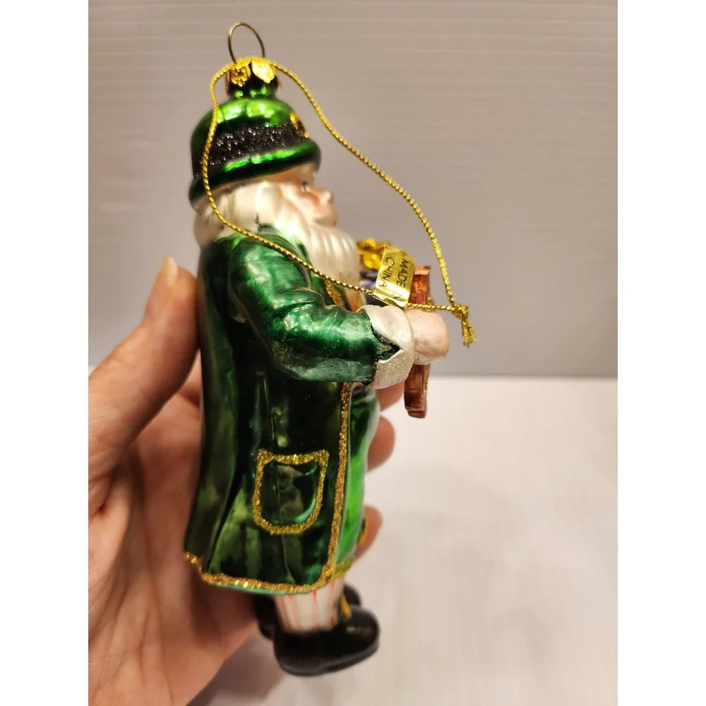 Blown Glass Santa Leprechaun Ornament 6in Glitter Accent, Pot Of Gold Harp,shiny